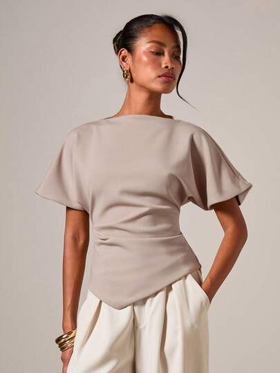 COSMINA Елегантна жіноча футболка з круглим вирізом та рюшами, підходить для всіх сезонів