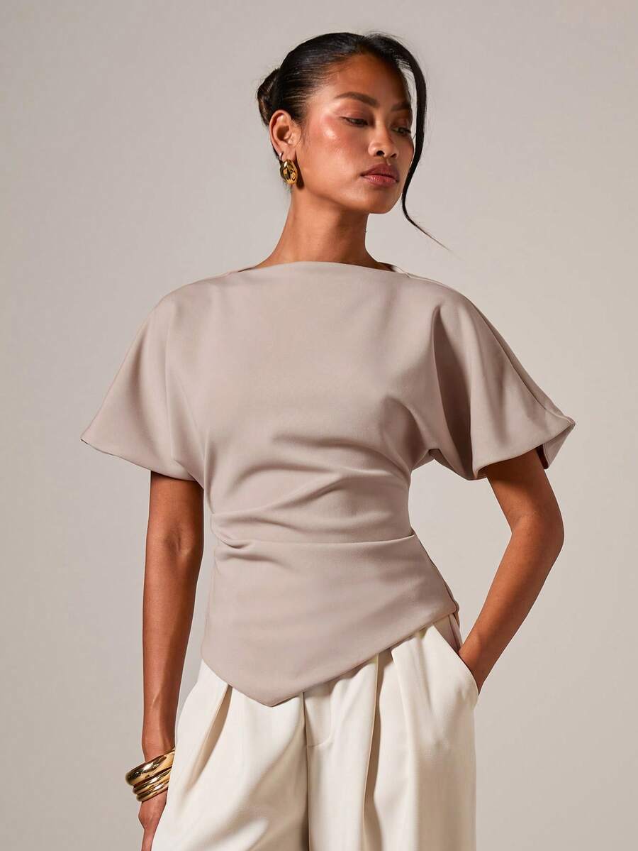 COSMINA Camiseta de mujer de cuello redondo con pliegues elegante, adecuada para todas las estaciones - Caqui - Ver 1