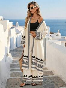 SHEIN PETITE Women's Beige Boho Geometric Print Summer Holiday Vacation Outfit Sets,Bohemian Cover-Up And Pants 2 Pieces Set,Santorini Beach Outfits For Woman - Beige - View 5
