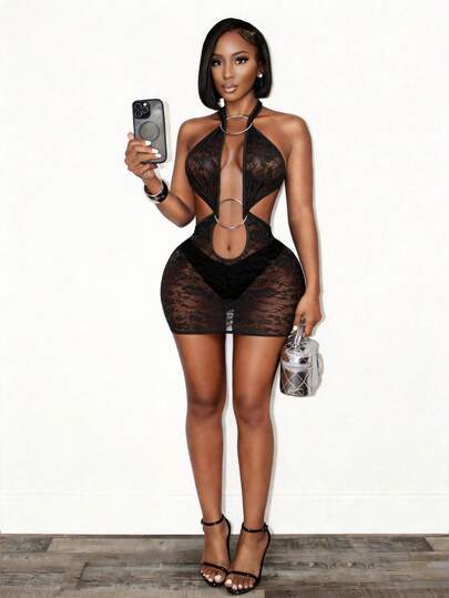 Mistrie 女士纯色蕾丝透视圆点装饰性感吊带连衣裙