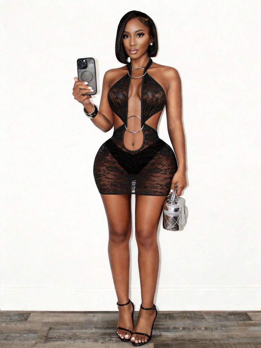 Mistrie 女士纯色蕾丝透视圆点装饰性感吊带连衣裙 - 黑色 - 查看 1