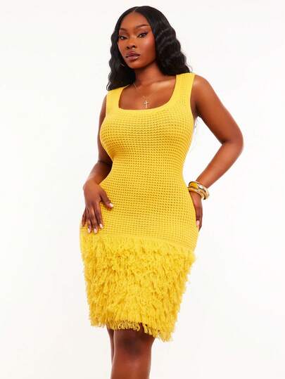 SHEIN SXY Plus Size Yellow Knitted Short Fitted Dress With Tassels And A Square Neckline.Spring/Summer Casual Vacation Bohemian Elegant Suitable For Everyday Wear, Music Festival, Concert, Carnival Party, Beach Vacation, Date Night, Birthday, Bachelorette Party, Club, Cute, Casual, Shopping, Street Wear, Going Out, Easy To Match & Looks Slim, Accent Your Body, Flatter The Figure