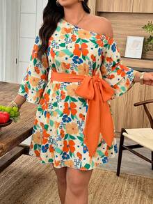 Weeklong Vestido bohemio de vacaciones mini con cuello asimétrico, manga con volantes y estampado floral naranja para tallas grandes - Multicolor - Ver 3