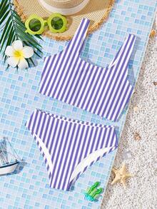 SHEIN Tween Girls Casual Minimalist Camisole & Triangle Bikini Swimsuit Set, Suitable For Summer - Multicolor - View 2