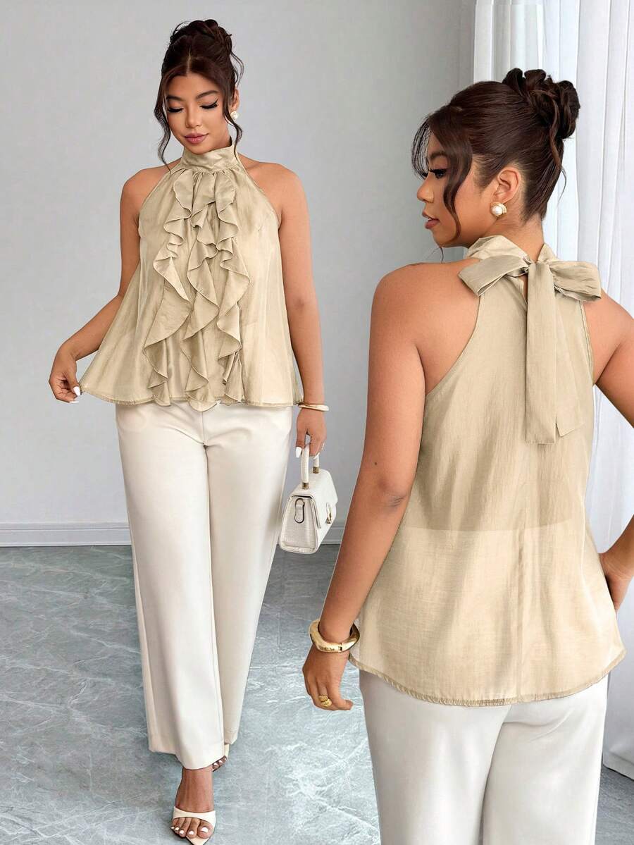 Elenzga Plus Size Women's Elegant Round Neck Ruffle Hem Blouse, Spring/Summer - Khaki - View 1