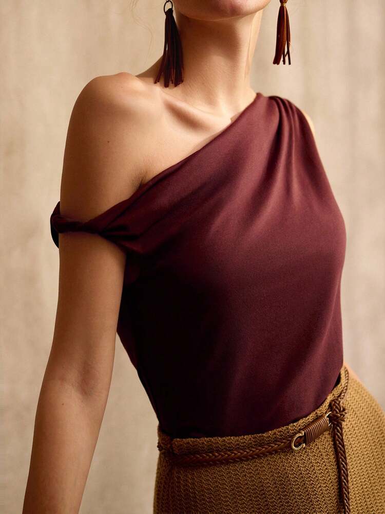 FASHIONABLE MINIMALIST COTTON ASYMMETRICAL SHOULDER SLEEVELESS T-SHIRT, SPRING/SUMMER