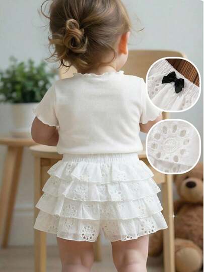 SHEIN 女婴纯色荷叶边休闲短裤