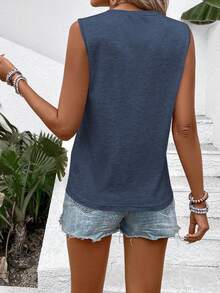 SHEIN PETITE Áo vest không tay cổ tròn, đa năng, giản dị và thoải mái, thích hợp mặc hàng ngày. - Màu xanh hải quân - Xem 2