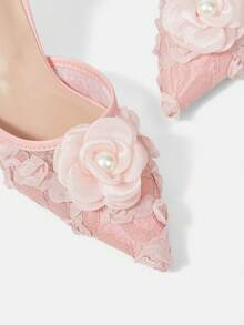 CUCCOO HITCHD Spring And Autumn New Pink Flower Mesh Lace Pointed Toe Heel Stylish Elegant Hollow Women's High Heel Shoes - Pink - View 5