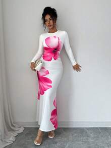 Elenzga Đầm dài tay cổ tròn, ôm dáng, in hoa, thanh lịch dành cho nữ, thích hợp cho mùa xuân/thu. - trắng - Xem 4