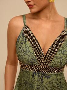 Travachic Bộ bikini cỡ lớn dành cho nữ, họa tiết cây nhiệt đới màu xanh lá cây, áo bơi hai dây cổ chữ V phối màu vàng, cạp chun co giãn. - màu xanh lá - Xem 7