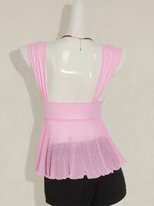 SHEIN ICON 不对称网眼下摆女士背心 - 淺粉色 - 查看 2