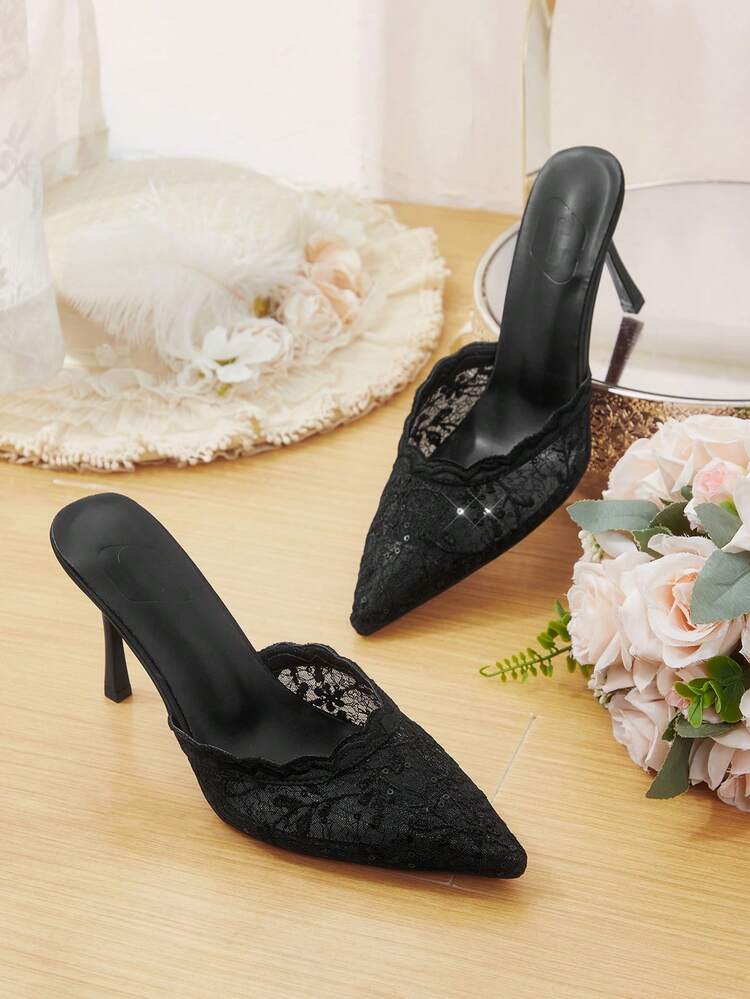 CUCCOO HITCHD Women Fashion Elegant Commuter Mesh Embroidery Embroidery Beads Pointed Stiletto High Heel Shoes Pumps