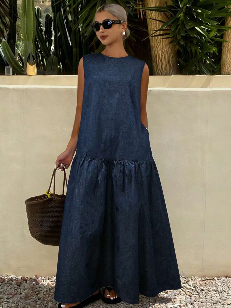 Women's Sleeveless Patchwork A-Line Denim Dress, Suitable For Spring And Summer