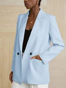 Aveloria Modichic Women's Business Style Solid Color Double-Breasted Blazer Jacket For Commuting, Autumn  - Baby Blue - View 6