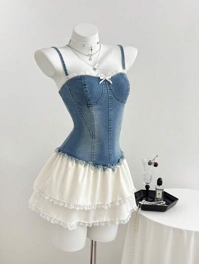 Elamini 女士夏季休闲撞色蕾丝牛仔吊带裙