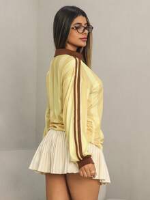 Rayane Ketlyn تي شيرت نسائي أنيق بأكمام طويلة مخطط - أصفر - مشاهدة 2