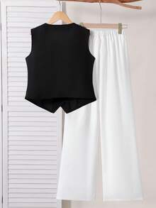 SHEIN Elladie kids 两件套复古美式豹纹女童基础款短袖上衣和裤子套装，无袖背心，女士纽扣背心，女士夏季服装，白色阔腿裤，碎花上衣套装，女士夏季两件套，女士春季服装，女士夏季套装，女士夏季服装，女士春季阔腿正装裤 - 黑與白 - 查看 2