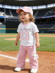 2pcs/Set Baby Girl 0-3 Years Old Casual Street Style Black T-Shirt And Pants Set - Pink - View 4