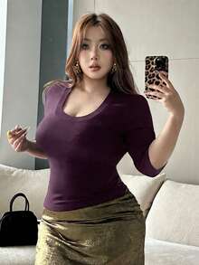 Dazy Plus Áo thun crop top ôm sát cơ thể, màu trơn, co giãn, cổ chữ V, tay lỡ 3/4, gợi cảm, thích hợp cho mùa xuân/hè. - Màu tím  Violet - Xem 6