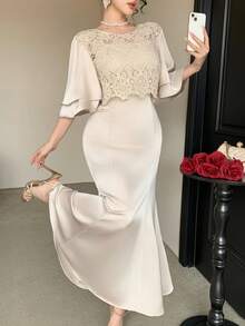 DAZY Đầm dài dáng đuôi cá thanh lịch dành cho nữ, cổ tròn, phối ren và satin. Đầm 2 trong 1. - Màu be - Xem 2