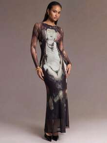 ROMWE Avant Vintage Neo-Chinese Style Buddha Print Fitted Dress - Multicolor - View 10