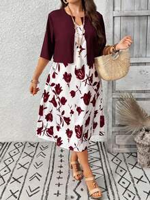 EMERY ROSE 两件套加大码女式纯色外套和V领印花无袖连衣裙 - 酒紅色 - 查看 1