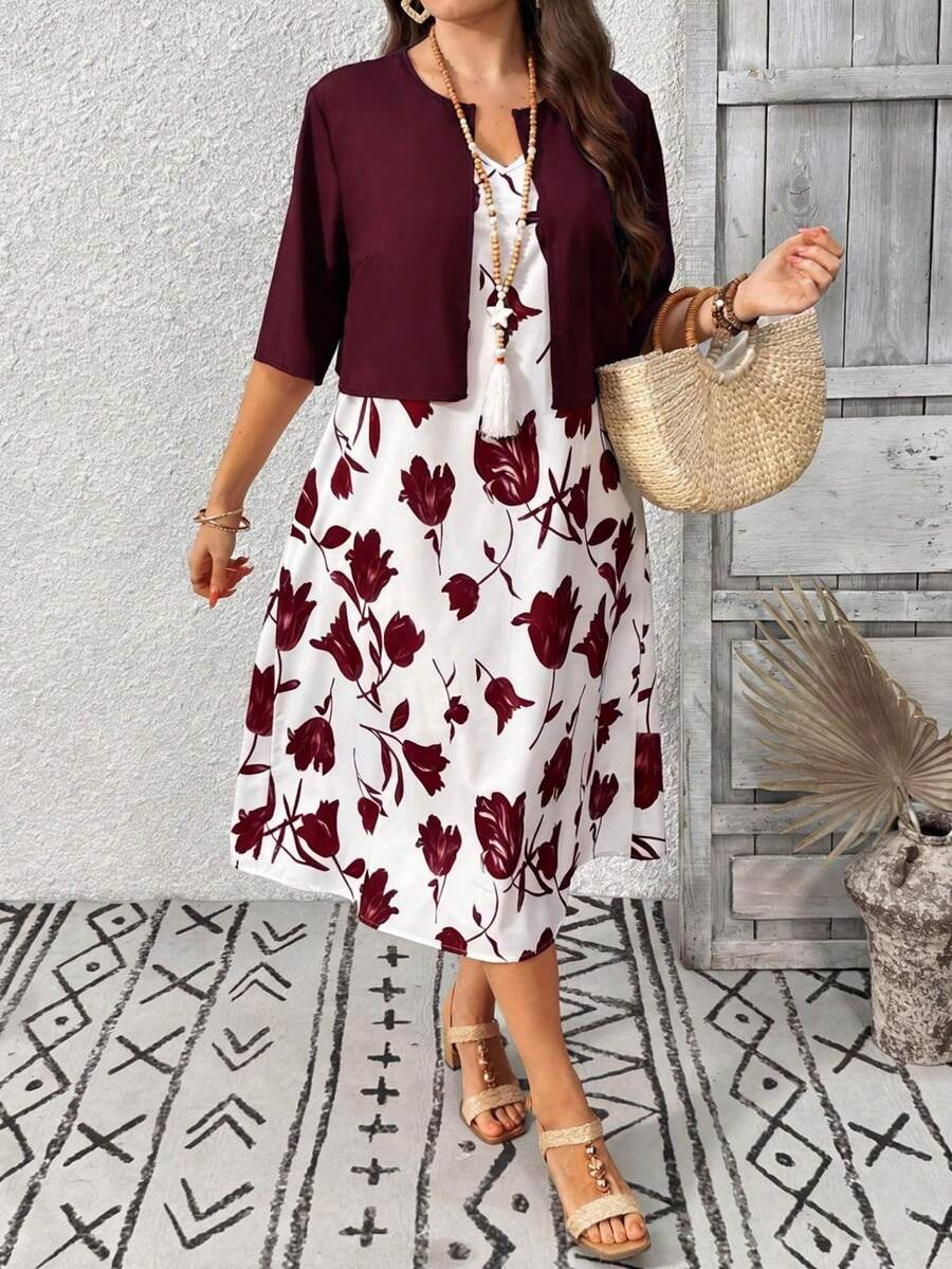 EMERY ROSE 两件套加大码女式纯色外套和V领印花无袖连衣裙 - 酒紅色 - 查看 1