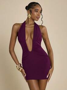 SHEIN BAE Deep Purple U-Neck Backless Mini Knit Dress, Spring/Summer Beach Vacation Purple Dress - Burgundy - View 1