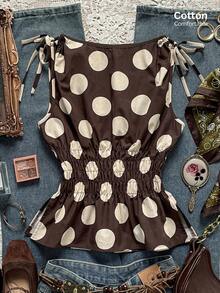 Easelle New Women's Fashion Tie-Up Polka Dot Fuzzy Waist Cropped Camisole Summer Vacation Outfits Women Brown Boho Music Festival Cotton - Mocha Brown - View 8