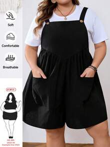 SHEIN CURVE+ Kích cỡ US22, phù hợp cho lễ hội âm nhạc, kỳ nghỉ bên bờ biển, phong cách bohemian. Bộ jumpsuit xếp ly màu trơn, kiểu dáng thường ngày dành cho nữ cỡ lớn, thích hợp cho mùa xuân và mùa hè, với thiết kế hai túi. - màu đen - Xem 11