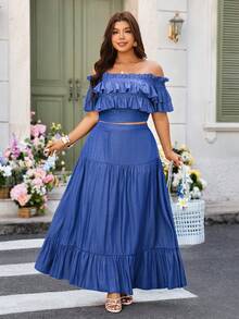 Breezaya Ensemble 2 pièces décontracté de vacances pour femmes grandes tailles : Blouse élégante à épaules dénudées, volants et taille froncée en faux denim + Jupe longue à volants - Bleu azur - Voir 3