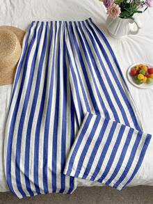 SHEIN EZwear Pantalones de talla grande con cordón en la cintura, a rayas azules y blancas - Azul y blanco - Ver 2