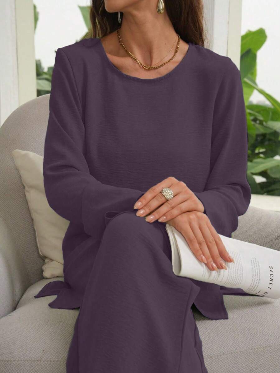 Al Najma 2pcs Women's Solid Color Crew Neck Long Sleeve Top And Loose Straight Leg Casual Pants Set 2 Piece Set - Purple - View 1