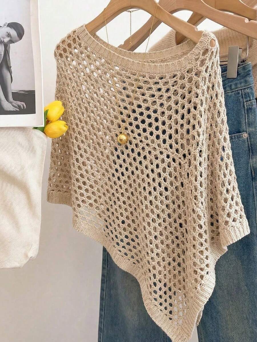 Franclia Women's Solid Color Hollow Out Asymmetrical Hem Knit Top - Khaki - View 1