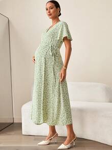 MaterniWear Đầm bầu in họa tiết toàn thân, xếp ly, kiểu dáng thường ngày, thích hợp cho kỳ nghỉ. - màu xanh lá - Xem 4