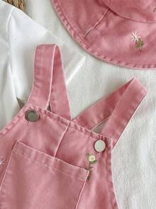 SHEIN Vintaside Kids 女婴T恤套装，牛仔布连体短裤，刺绣花卉装饰，乡村风格，时尚可爱，舒适百搭的春夏两件套，含帽子配饰 - 粉色 - 查看 5