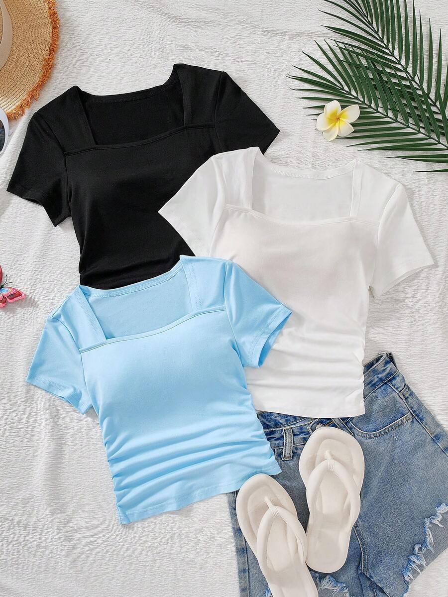 3pcs Girls Knit Square Collar Short Sleeve T-Shirts,Blue And White Stripe,Summer,Casual,School Vacation Fashion Design Versatile Tops For Daily Wear - Multicolor - View 1
