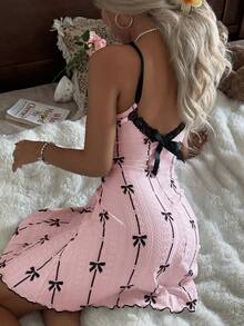 CottageSlumber Black Bow Tie Print Contrast Lace Trim Jacquard Camisole Nightgown - Pink - View 2