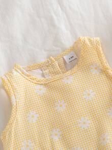 SHEIN Vintaside Kids 两件套女婴夏季时尚简约可爱蓝白格子印花背心上衣，饰有蝴蝶结，搭配同款格子印花裤子，适合户外、上学、旅行穿着。 - 黃色 - 查看 8