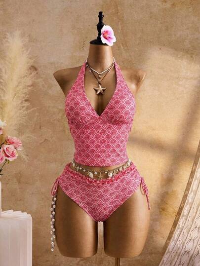 Bellisia Conjunto de bikini de 2 piezas con parte superior de cuello de halter con volantes y estampado floral y Bottom con cordón en la cintura, traje de baño de verano tipo tankini para mujeres, conjunto de ropa de vacaciones para mujer