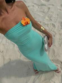 Aloruh 女士无肩带花卉装饰缎带设计优雅收腰长款派对连衣裙 - 寶藍色 - 查看 7