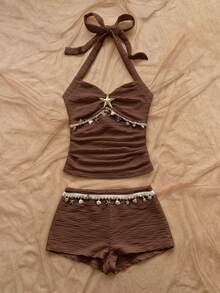 Soleia Conjunto de 2 piezas de top halter y shorts de estilo bohemio para vacaciones de mujer - Café integral - Ver 5