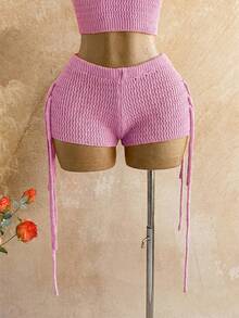 Soleia Women's Vacation Casual Asymmetric-Shoulder Sweater Vest & Shorts 2 Pieces Set - Pink - View 5