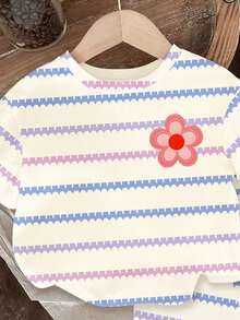 SHEIN Playful Pals 女婴可爱碎花蓝条纹印花套装，女婴休闲条纹短袖圆领上衣搭配修身骑行短裤，适合夏季、上学、户外活动，可爱女婴夏季套装，韩版风格 - 彩色 - 查看 3