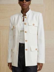 Aveloria Modichic Chaqueta utilitaria de cuello alto, tweed grueso, abotonadura sencilla con botones metálicos y cinturón decorativo - Blanco - Ver 3