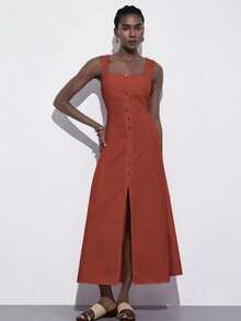 Aveloria Modichic Rust Brown,Summer,Effortless Chic,Brunch Square Neck Sleeveless Wide Strap Front Button Long Pink Dress,Linen-Like Flowing Skirt For Wedding - Brown - View 3
