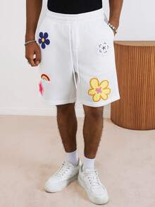 TOKVUE 男士花卉刺绣抽绳喇叭短裤，花朵运动裤，图案运动裤，夏季运动裤 - 白色 - 查看 5