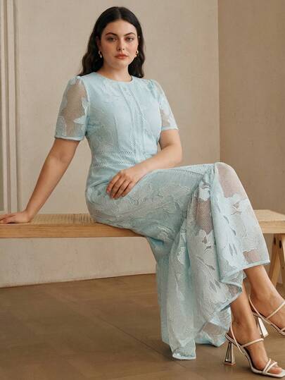 Anewsta Đầm cỡ lớn thanh lịch dành cho phụ nữ, tay áo cánh hoa, eo ren, vạt đuôi cá, thêu hoa tinh tế, chất liệu xuyên thấu.