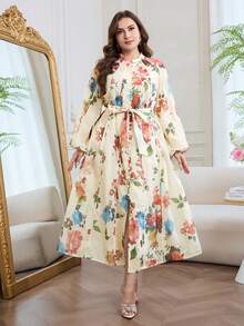Modelyn Đầm dáng suông dài tay cổ đứng in hoa, cỡ lớn, thích hợp cho mùa xuân/thu. - Nhiều màu - Xem 6